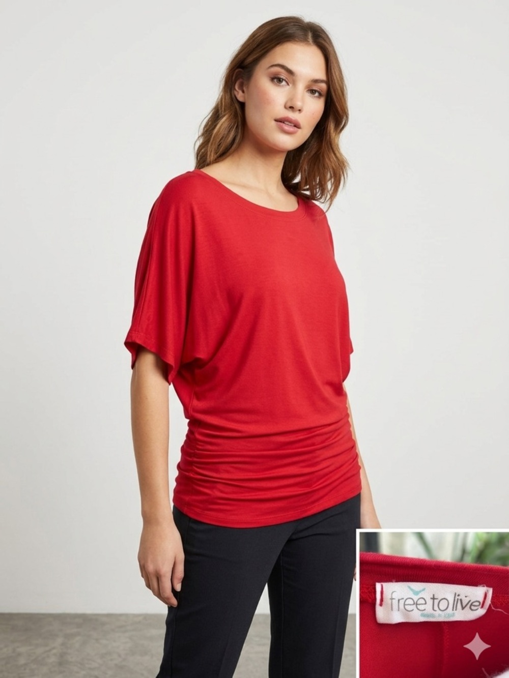 Free to Live Red Dolman Sleeve Tunic Top Size M Made in USA